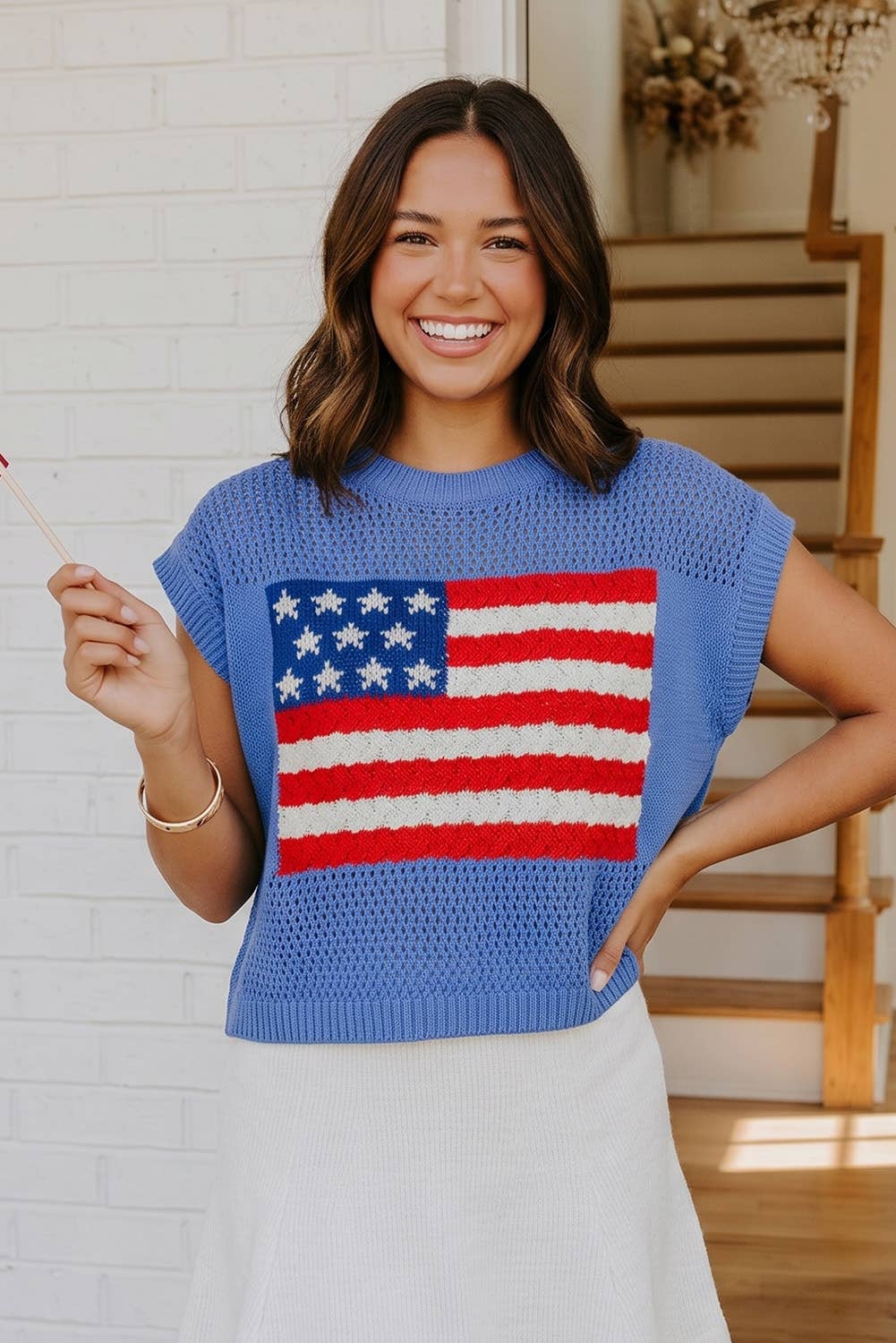 LAS Flag Graphic Short Sleeve Sweater Top (S-XL): Sky Blue / Missy / L