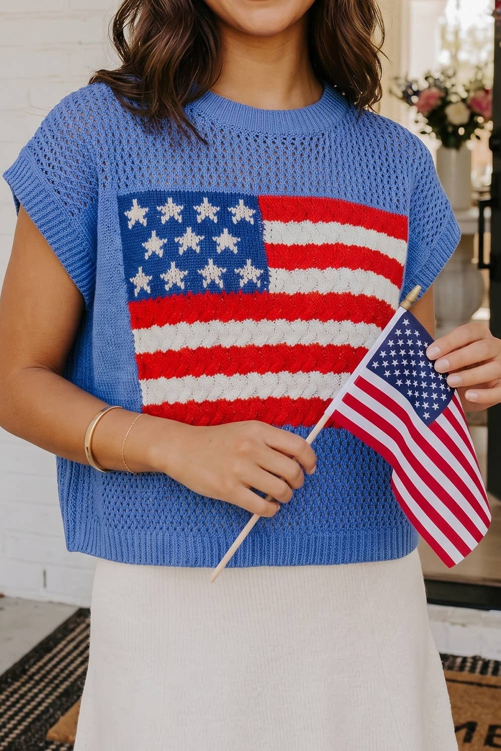 LAS Flag Graphic Short Sleeve Sweater Top (S-XL): Sky Blue / Missy / L