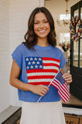 LAS Flag Graphic Short Sleeve Sweater Top (S-XL): Sky Blue / Missy / L