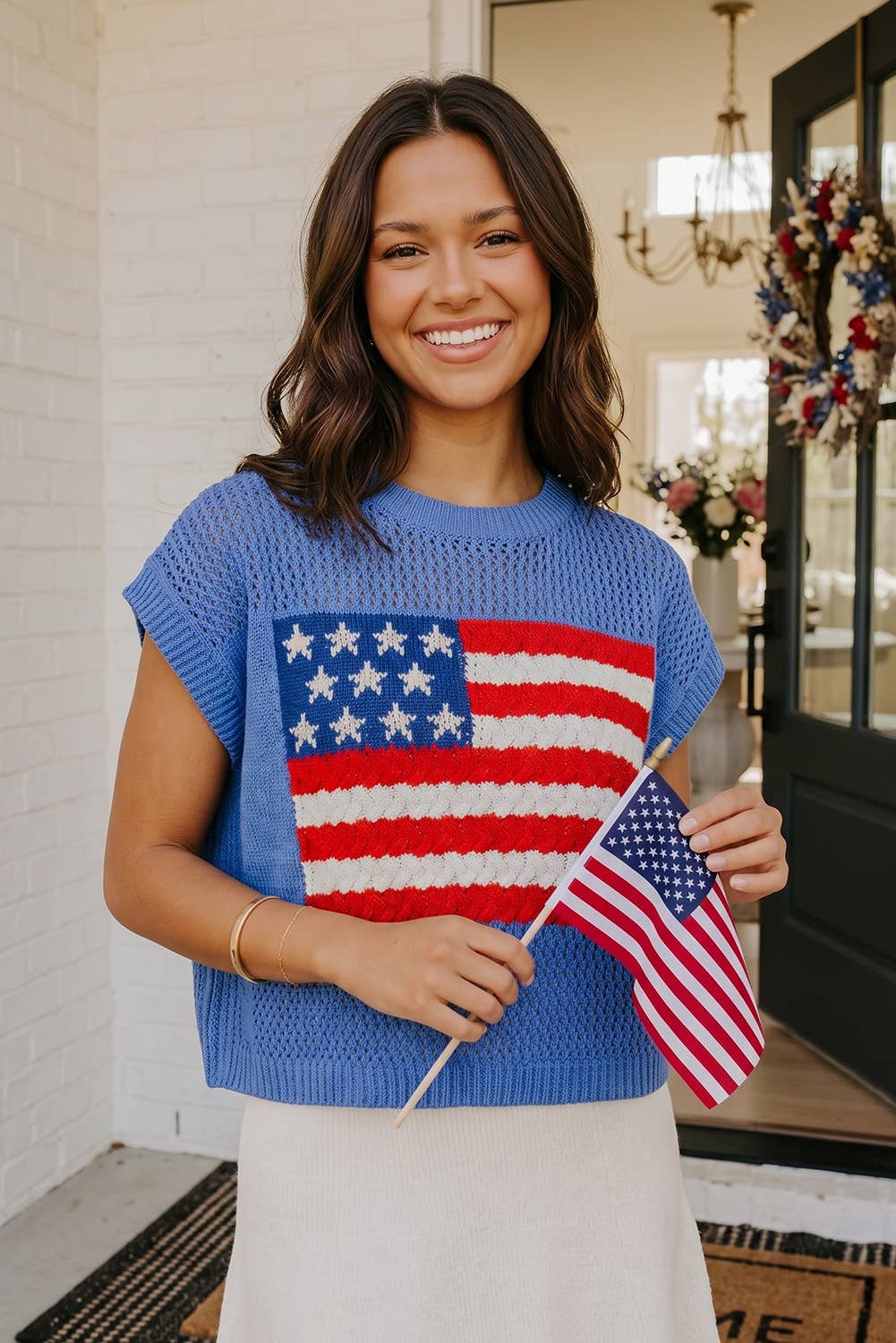 LAS Flag Graphic Short Sleeve Sweater Top (S-XL): Sky Blue / Missy / L