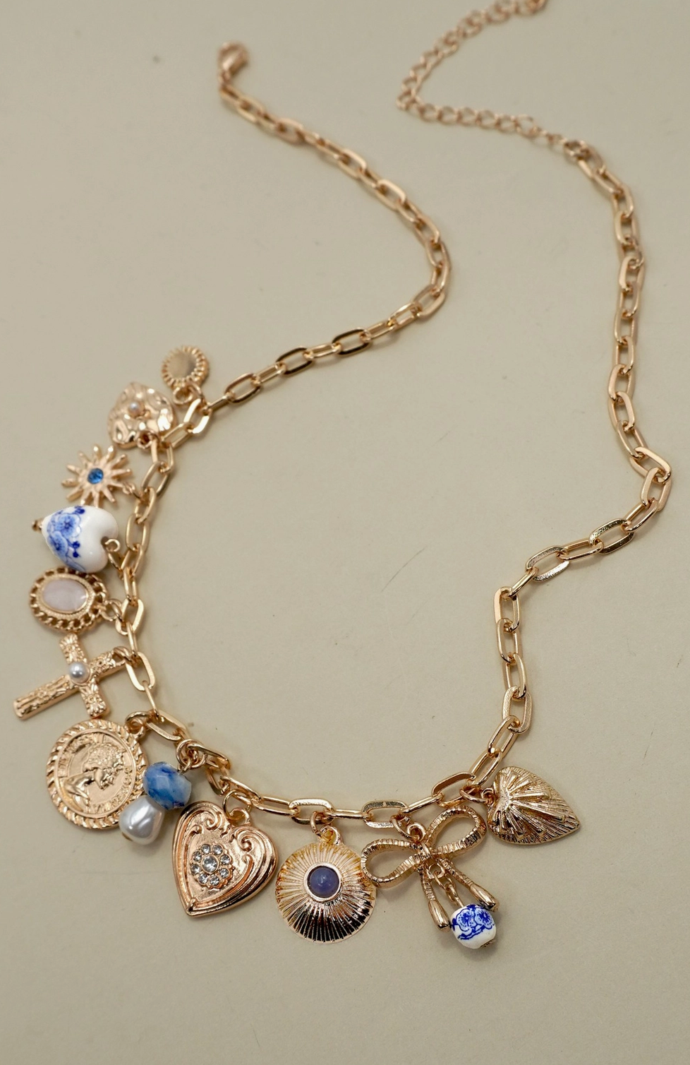 Porcelain Heart & Cross Multi-Charm Necklace