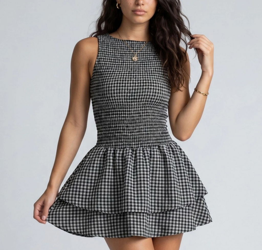 Gingham Sleeveless Smocked Mini Dress with Tiered Ruffle Skirt