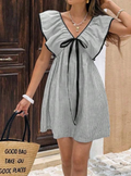 Striped Mini Dress with Ruffle Sleeves and Front Bow
