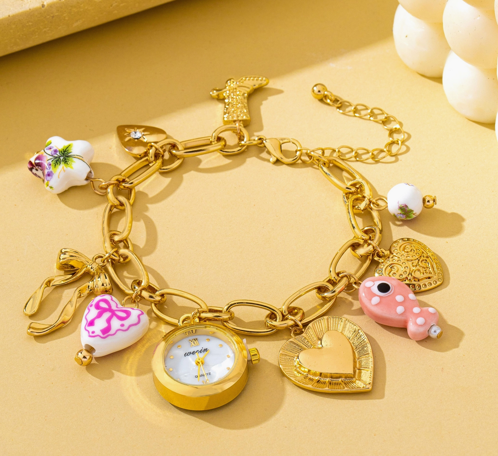 Vintage Pink Polka Dot Charm Watch Bracelet