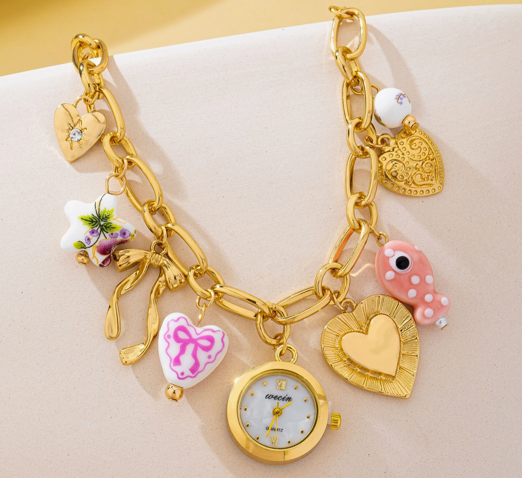 Vintage Pink Polka Dot Charm Watch Bracelet