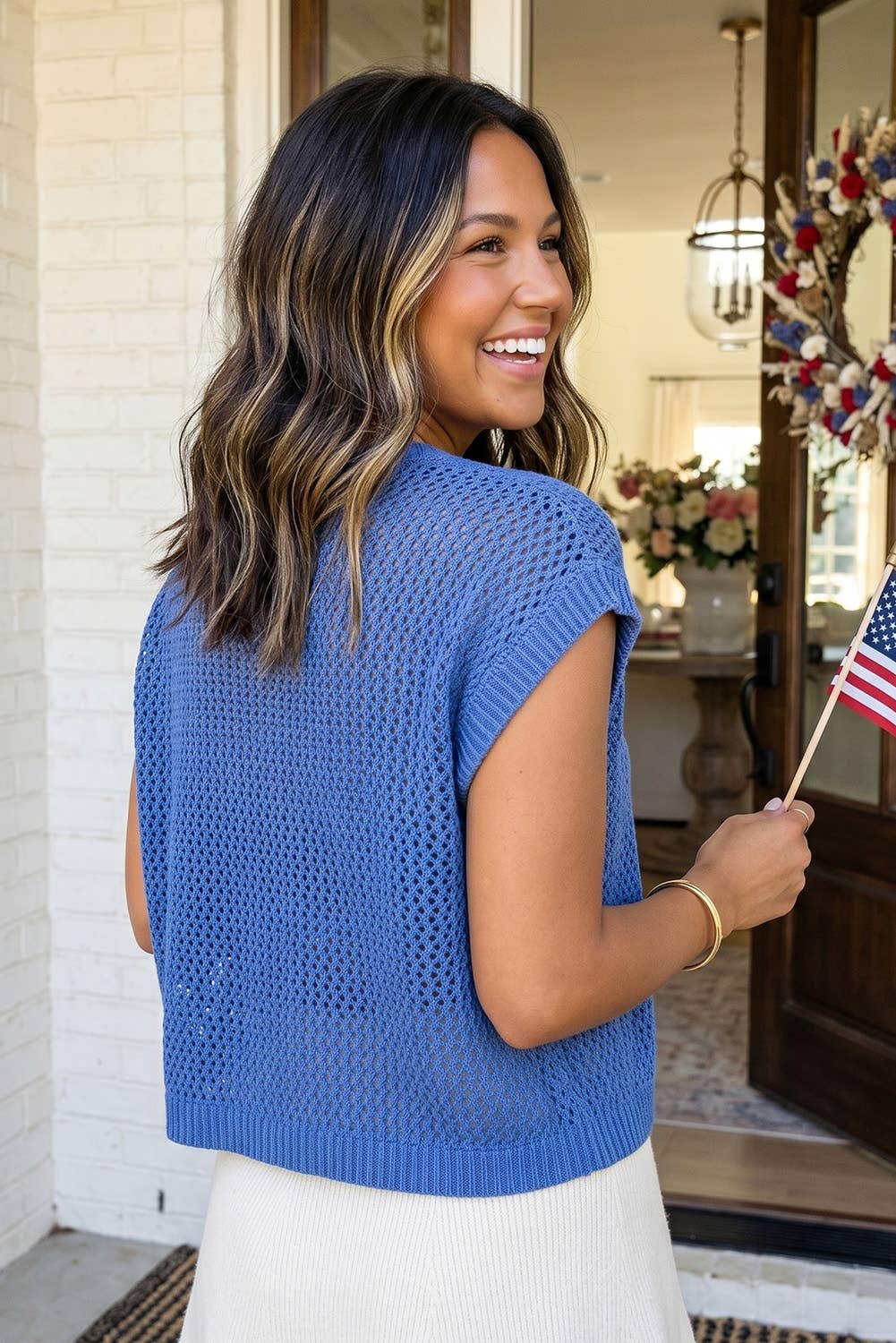 LAS Flag Graphic Short Sleeve Sweater Top (S-XL): Sky Blue / Missy / L